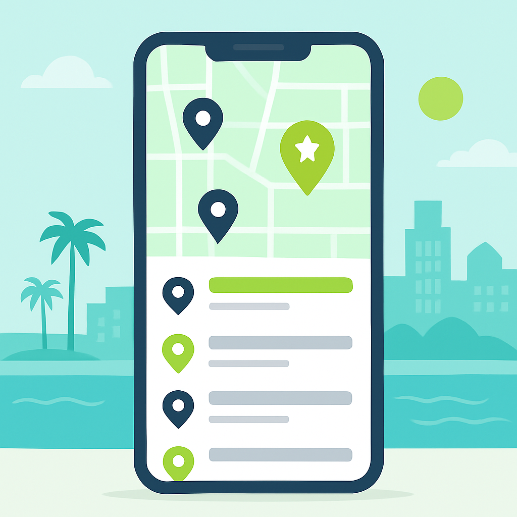 Ilustração de um smartphone exibindo empresas locais ranqueadas no Google Maps em uma cidade litorânea