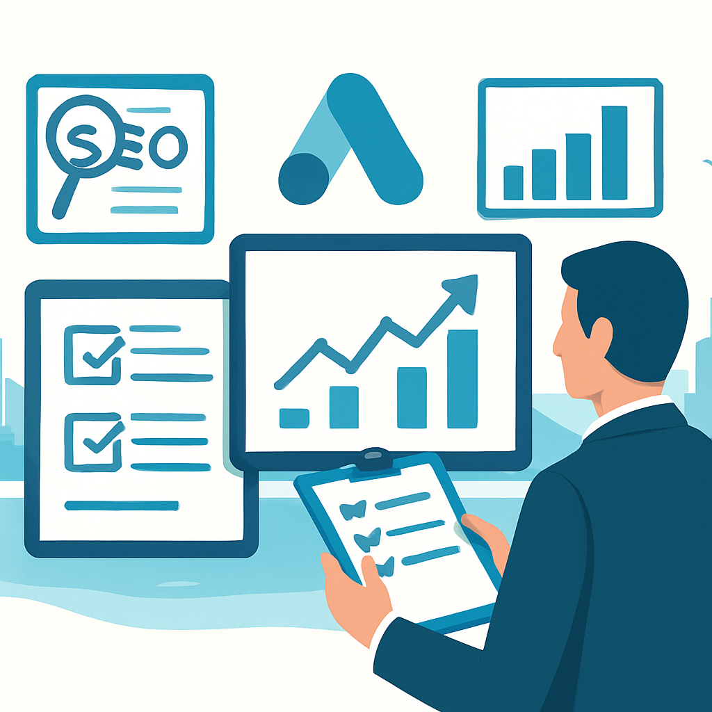 Ilustração de um empresário avaliando critérios para escolher uma agência de marketing digital