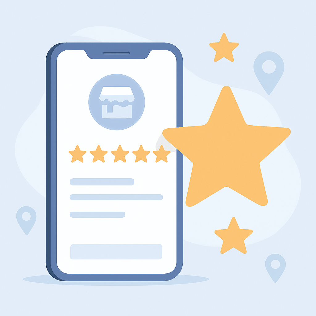Ilustração de um perfil de empresa no Google com avaliações em estrelas e ícones de comentários positivos