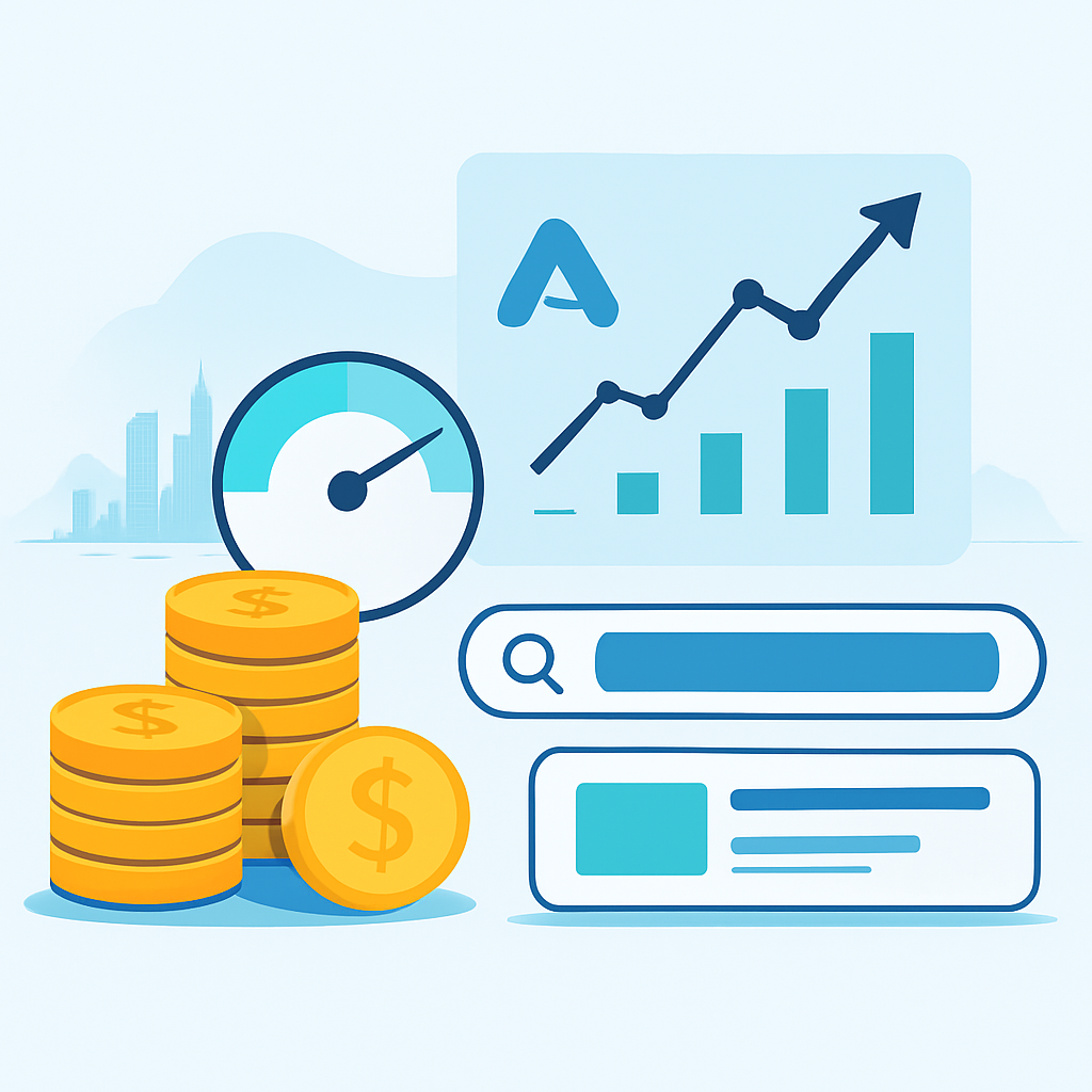 Ilustração sobre o custo de anunciar no Google Ads, com gráficos de investimento e custo por clique
