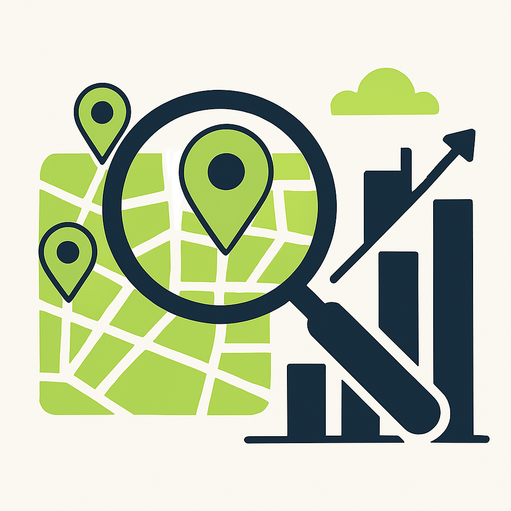 Ilustração de SEO local com lupa sobre um mapa com pins de localização
